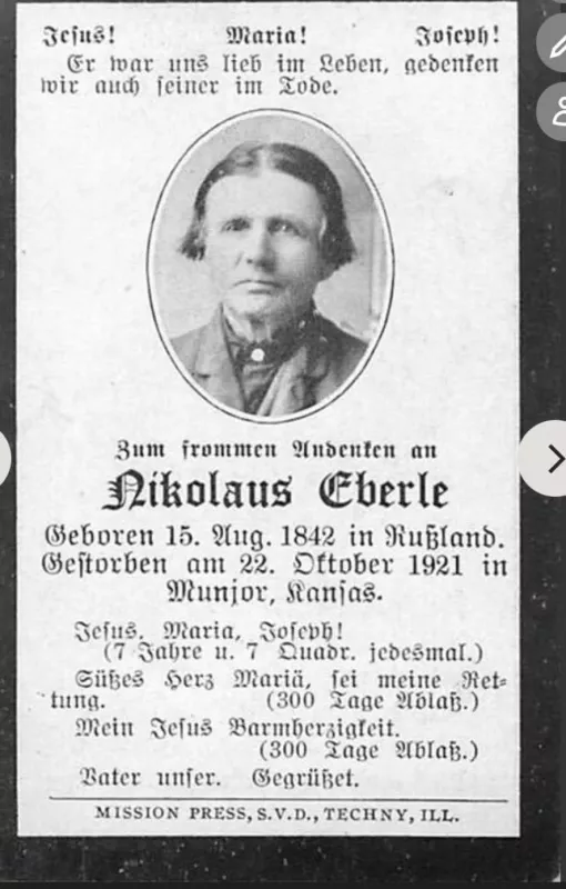 Funeral card for Nikolaus Eberle (1921).